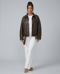 Damen Oversized Leder Winterjacke mit Patchwork