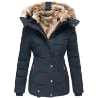Damen Gefütterte Winterjacke mit Fellkapuze und Knopfleiste