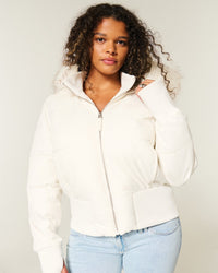 Damen Kurze Gesteppte Winterjacke mit Kapuze und Rippbündchen