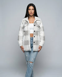 Damen Karierte Teddy Winterjacke mit Knopfleiste