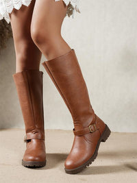 Damen Kniehohe Stiefel mit Schnalle und Blockabsatz