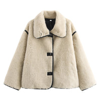 Damen Teddy Winterjacke mit Schalkragen und Knopfleiste
