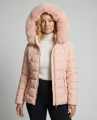 Damen Gesteppte Winterjacke mit Fellkapuze und Strukturmuster