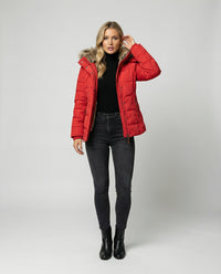 Damen Gefütterte Gesteppte Winterjacke mit Fellkapuze und Stehkragen