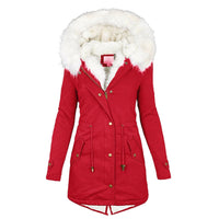Damen Lange Winterjacke mit Fellkapuze und Teddyfutter