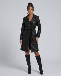 Damen Langer Leder Trenchcoat mit Reverskragen und Bindegürtel