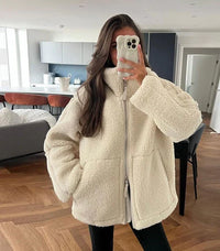 Damen Oversized Teddy Winterjacke mit Stehkragen