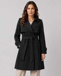 Damen Langer Zweireiher Trenchcoat mit Sturmklappe und Ärmelriegeln