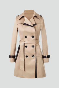 Damen Zweireiher Trenchcoat mit Kontrastbesatz und Gürtel