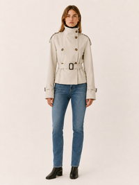 Damen Kurzer Zweireiher Trenchcoat mit Stehkragen und Schnalle