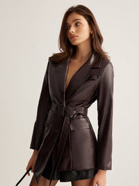 Damen Leder Winterjacke mit Bindegürtel und Wickeloptik