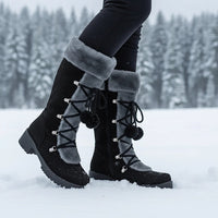Damen Kniehohe Winterstiefel mit Fellkragen und Schnürung