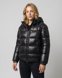 Damen Glänzende Gesteppte Winterjacke mit Kapuze und Gummizug