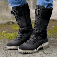 Damen Wadenhohe Schnürstiefel mit Strickschaft und Profilsohle